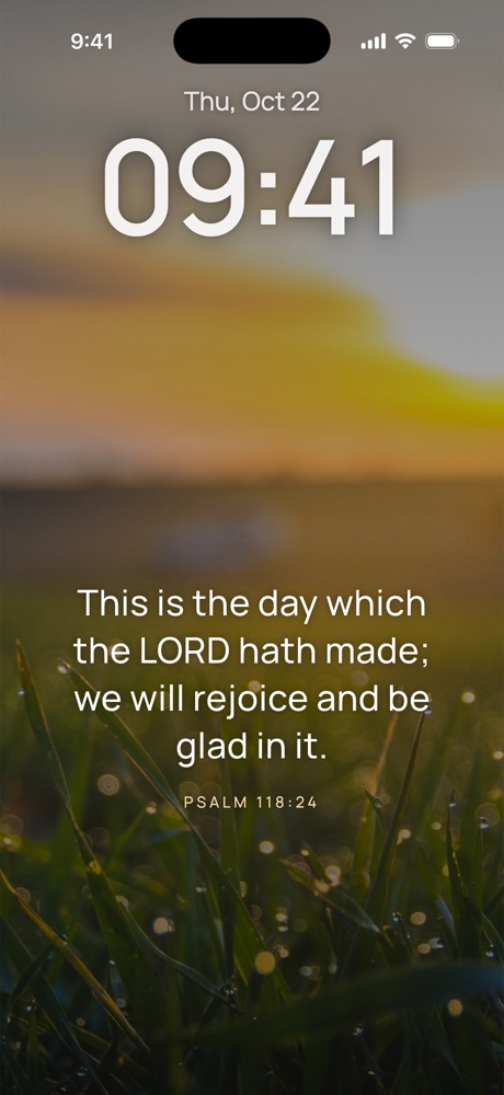 iPhone Lock Screen with Avora: Psalm 118:24, two verse widgets and a verse-of-the-day notification