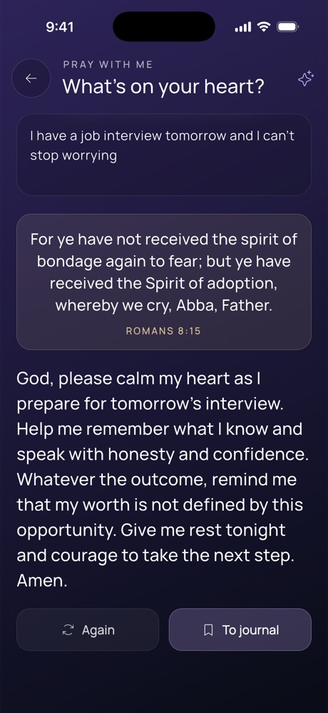 Pray with me screen with a prayer for a job interview and Romans 8:15